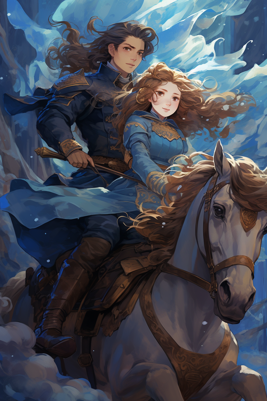 Cavalry boy and girl riding into battle