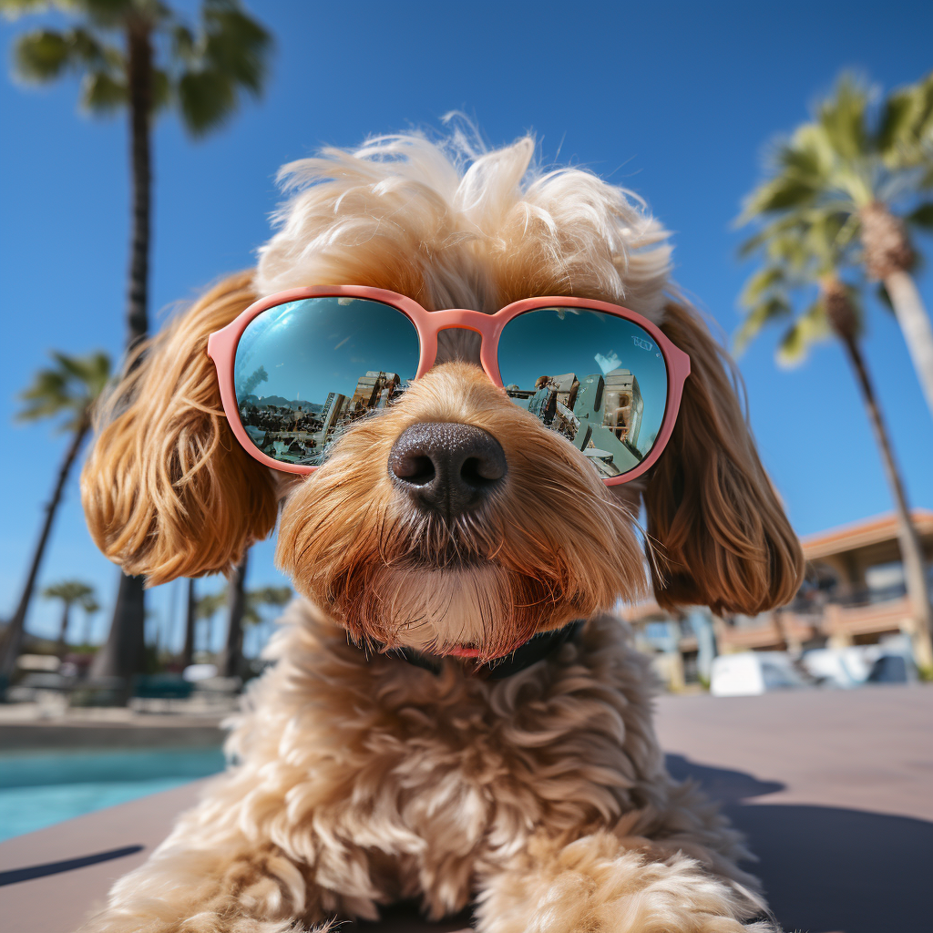 Adorable Cavapoo wearing California vibe sunglasses in Arktura interior