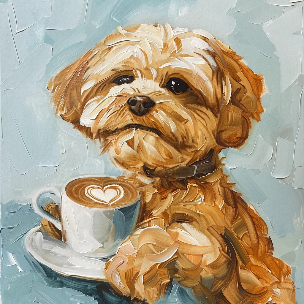 Cavapoo holding coffee cup latte