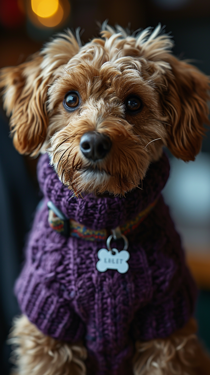 Cute cavapoo in purple sweater working on computer