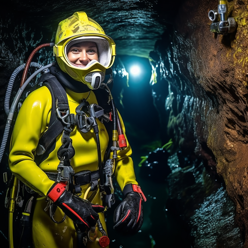 Smiling female cave diver in wet suit