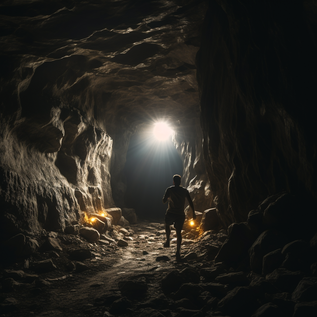 Man running in dark cave with lantern