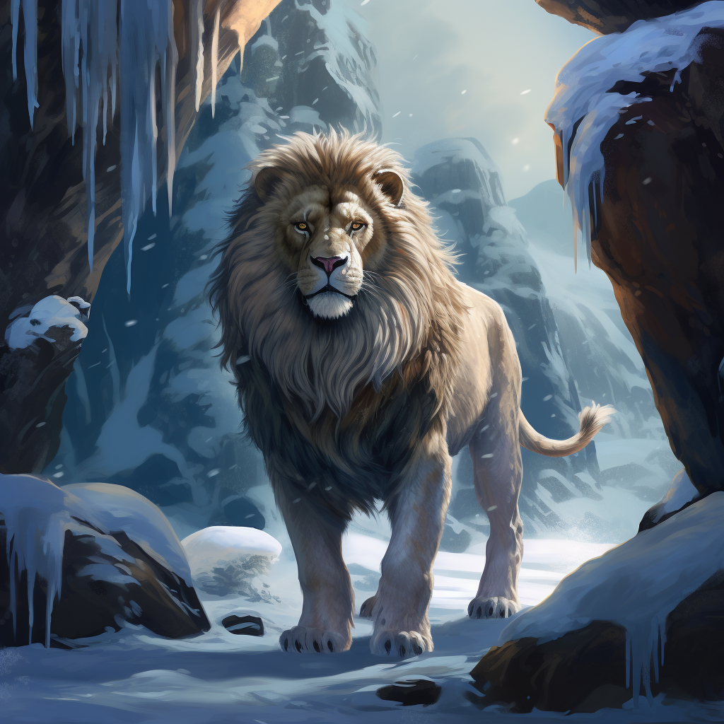 Illustration of cave lion in snowy landscape