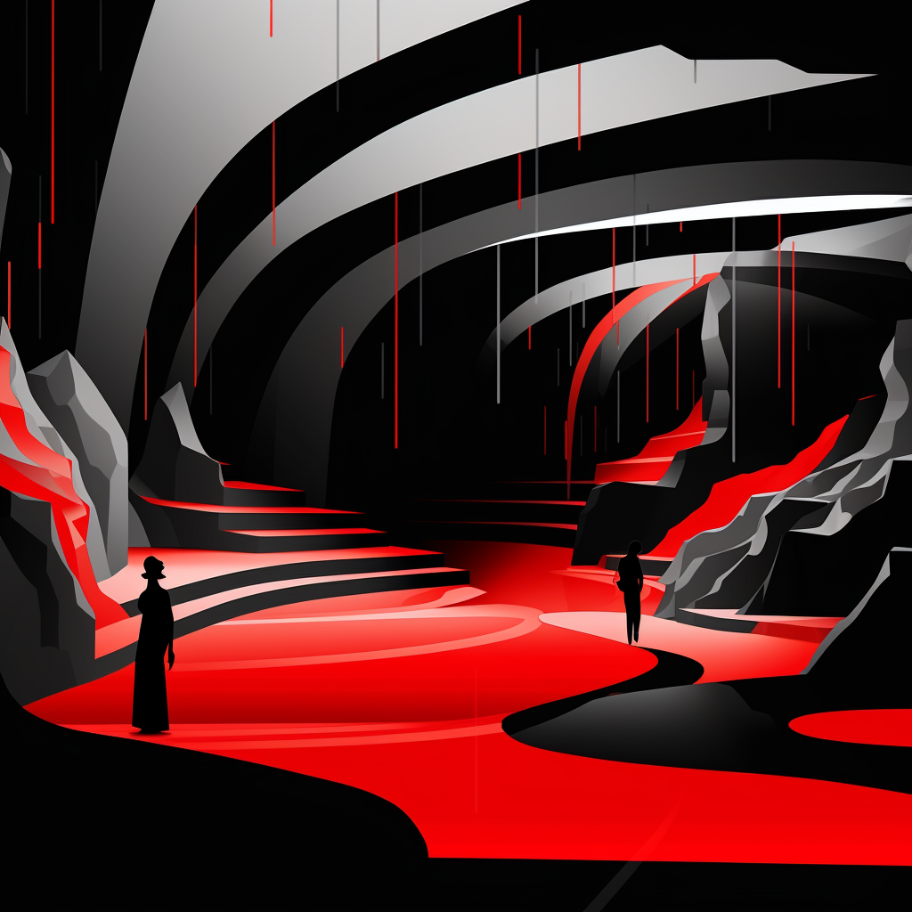 Vibrant cave scene with red lighting