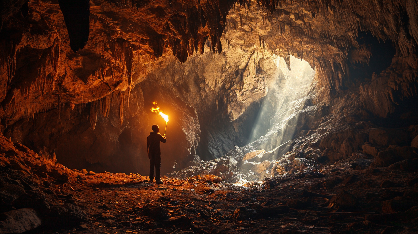 Man holding a torch creating captivating shadows