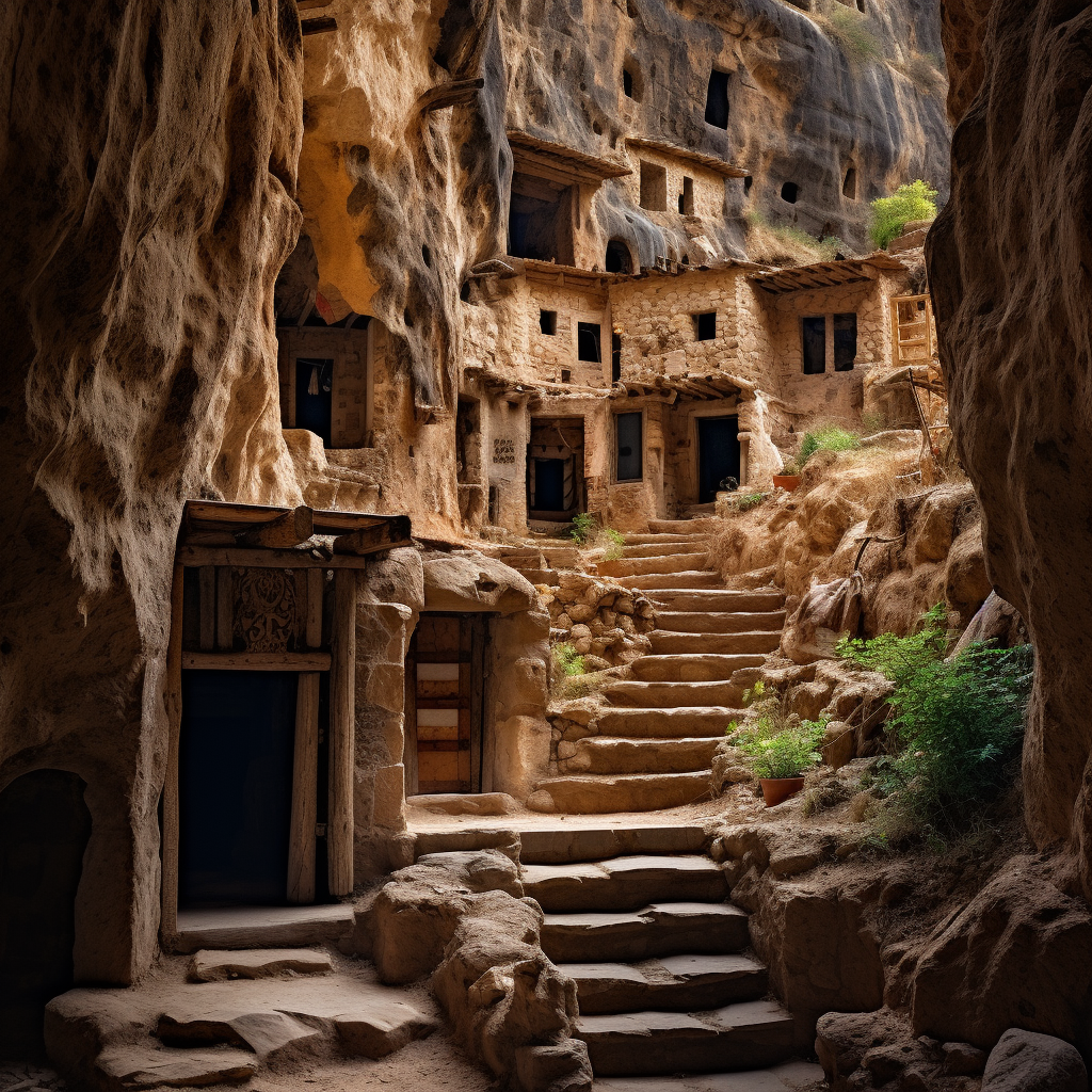 Ruined underground village with stairs and doors