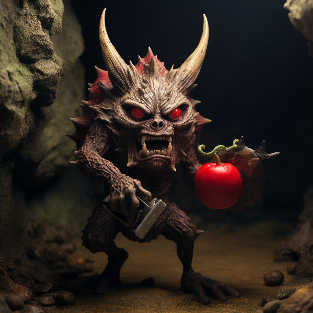 Apple-shaped cave demon holding shotgun