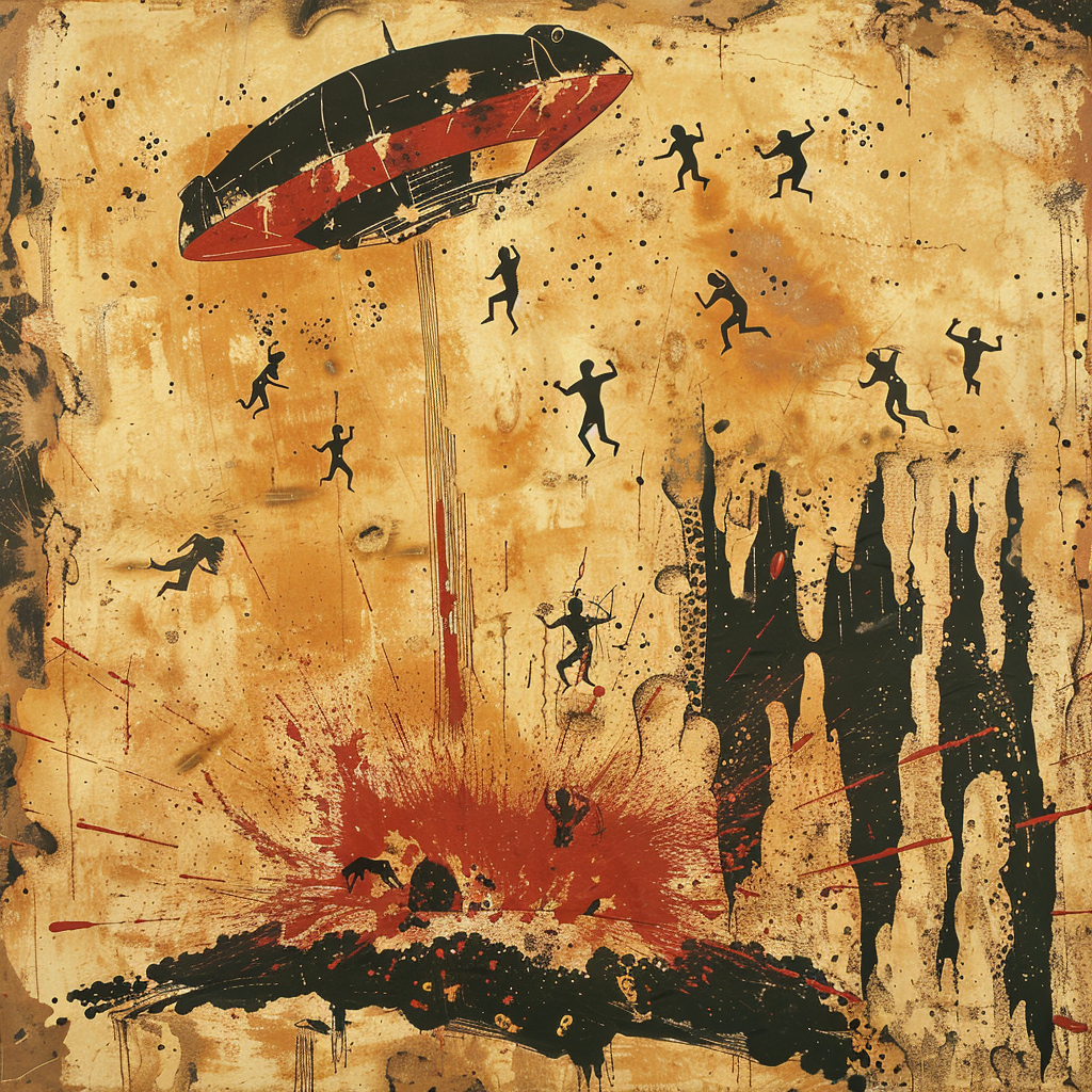 Ancient cave painting falling spaceship