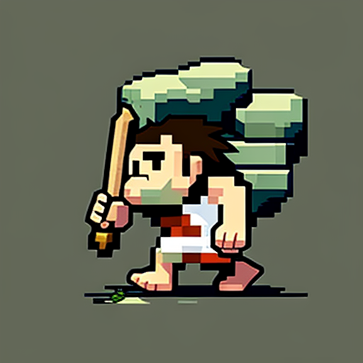 Cute caveman leaving cave with spear