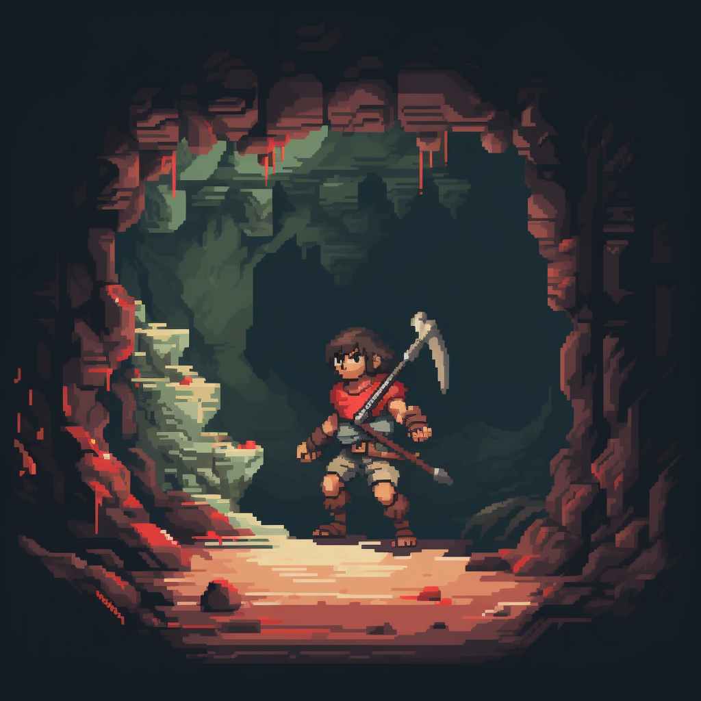 Cute caveman carrying spear leaving cave