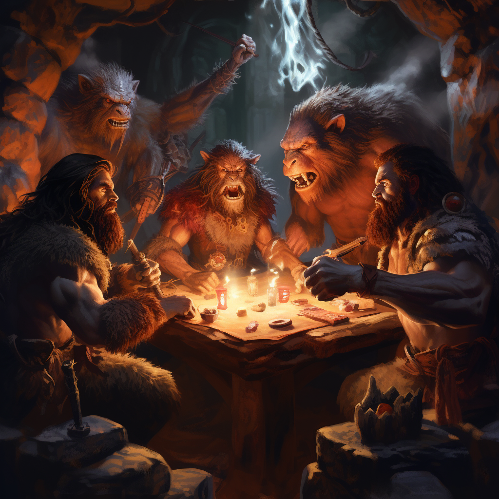 Cavemen playing game of dungeons and dragons