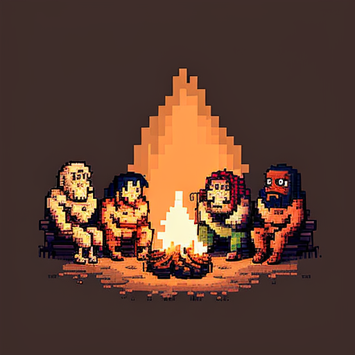 Cavemen sitting around bonfire