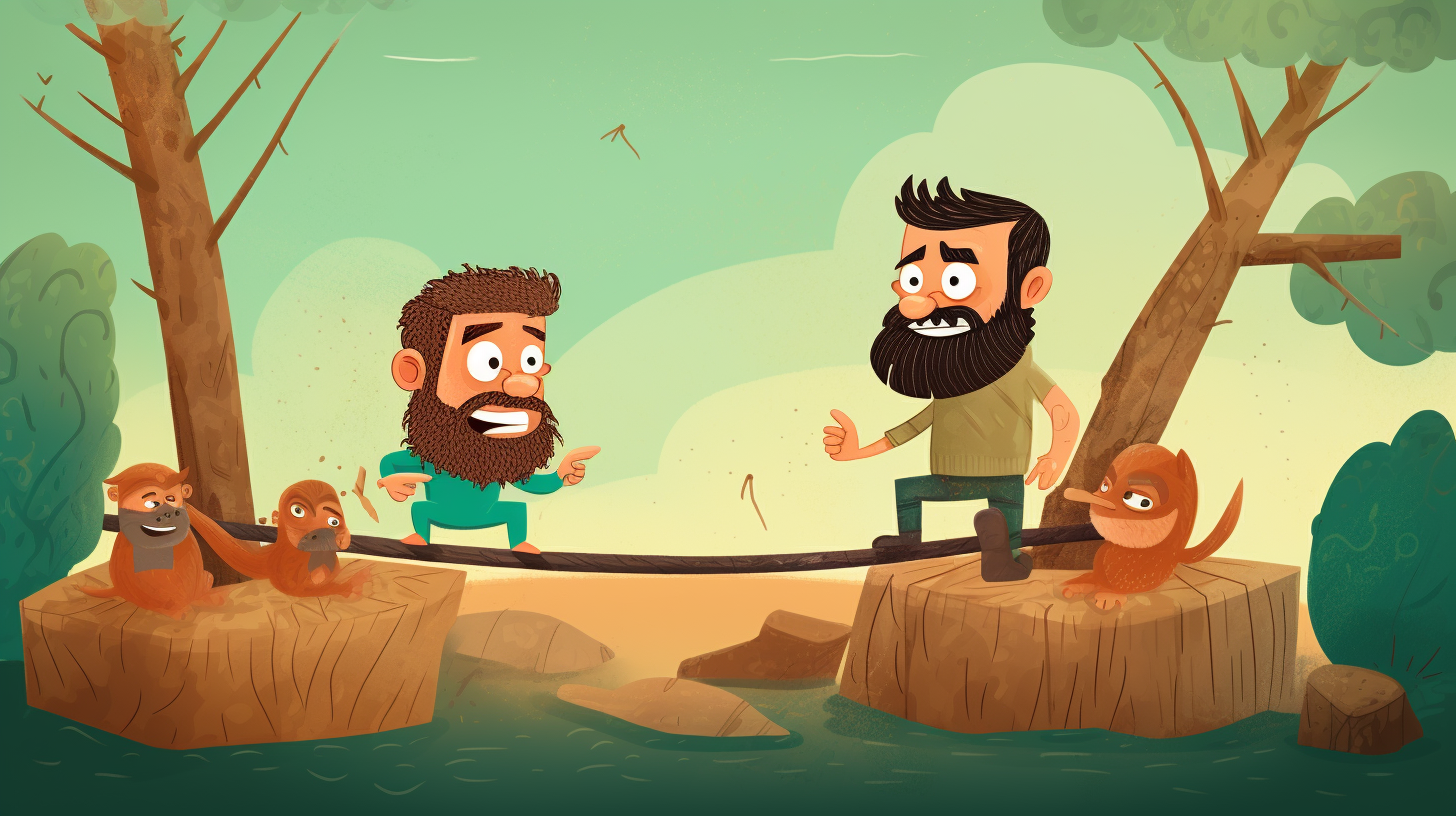 Two bearded cavemen on a playgound see saw