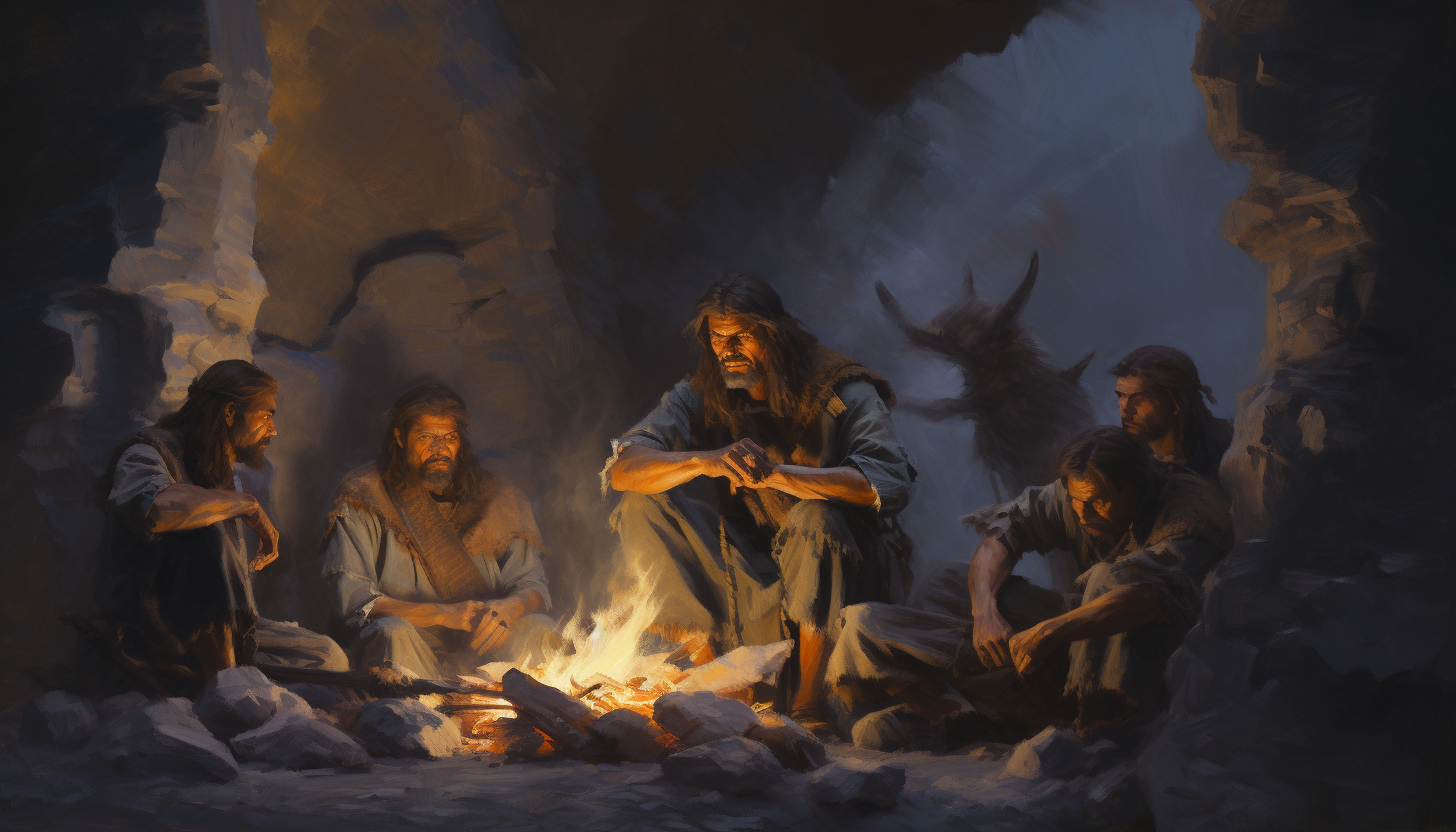 Cavemen Sitting Around Fire with Shadows