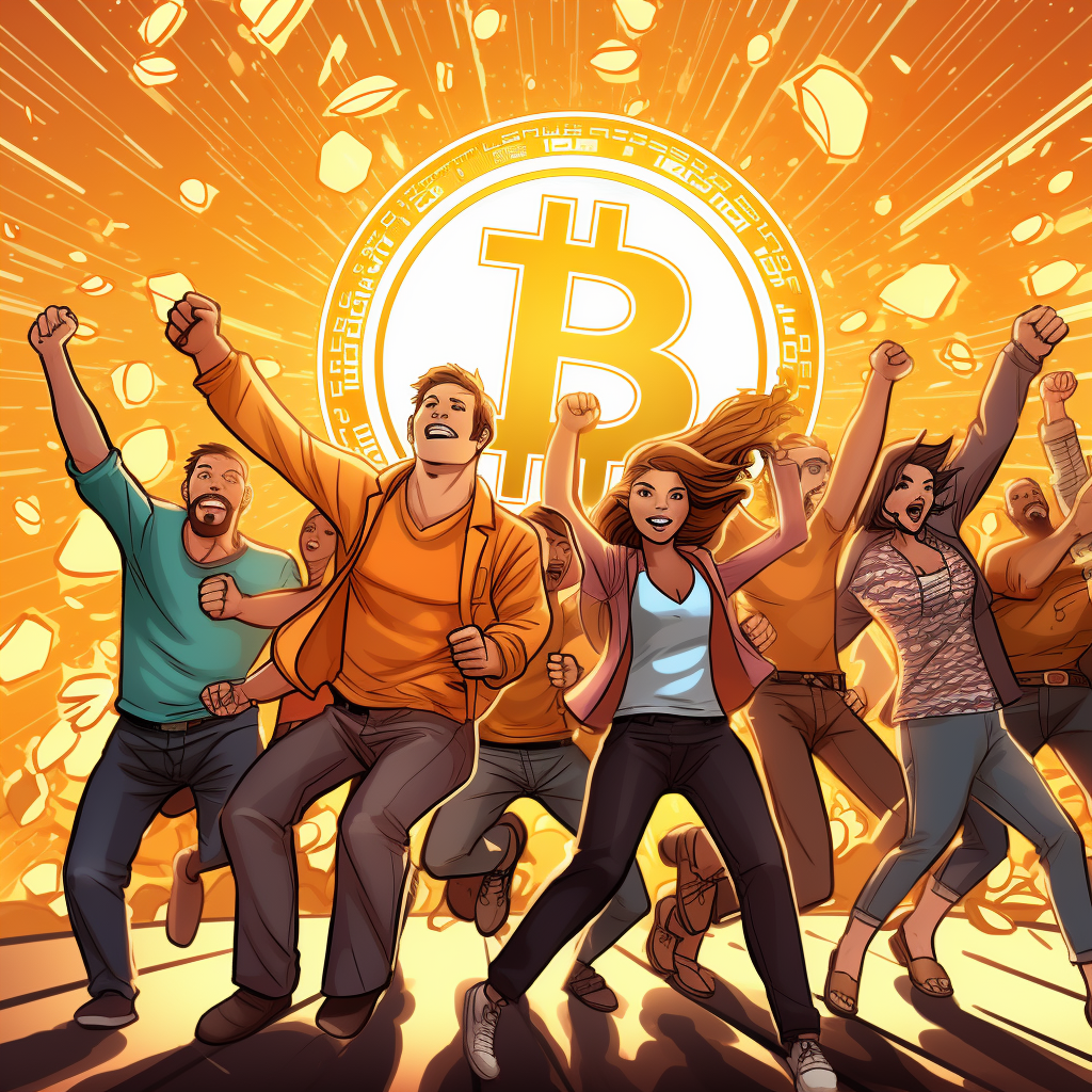 People celebrating around bitcoin logo