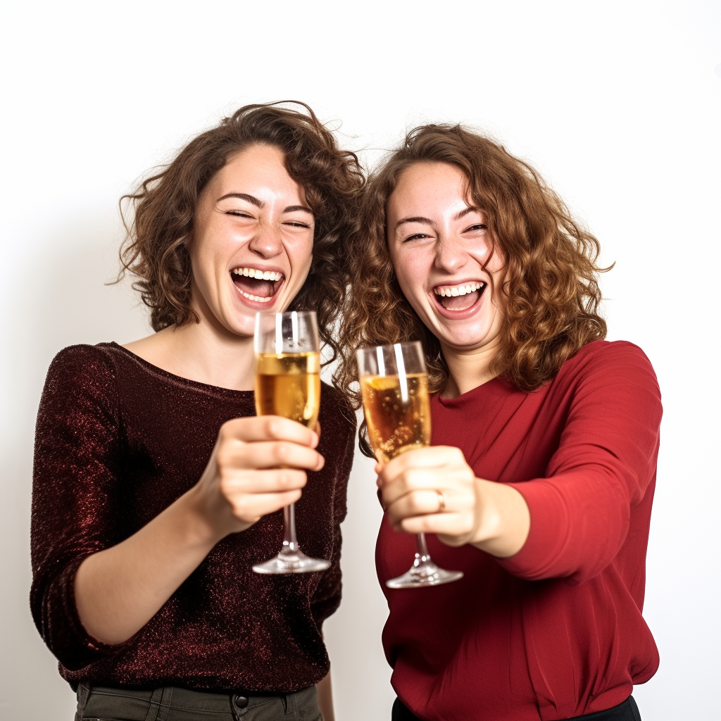 Two joyful girls toasting with champagne