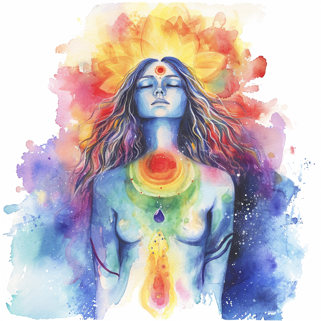 Watercolor Clipart of Celestial Goddess in Chakra Colors