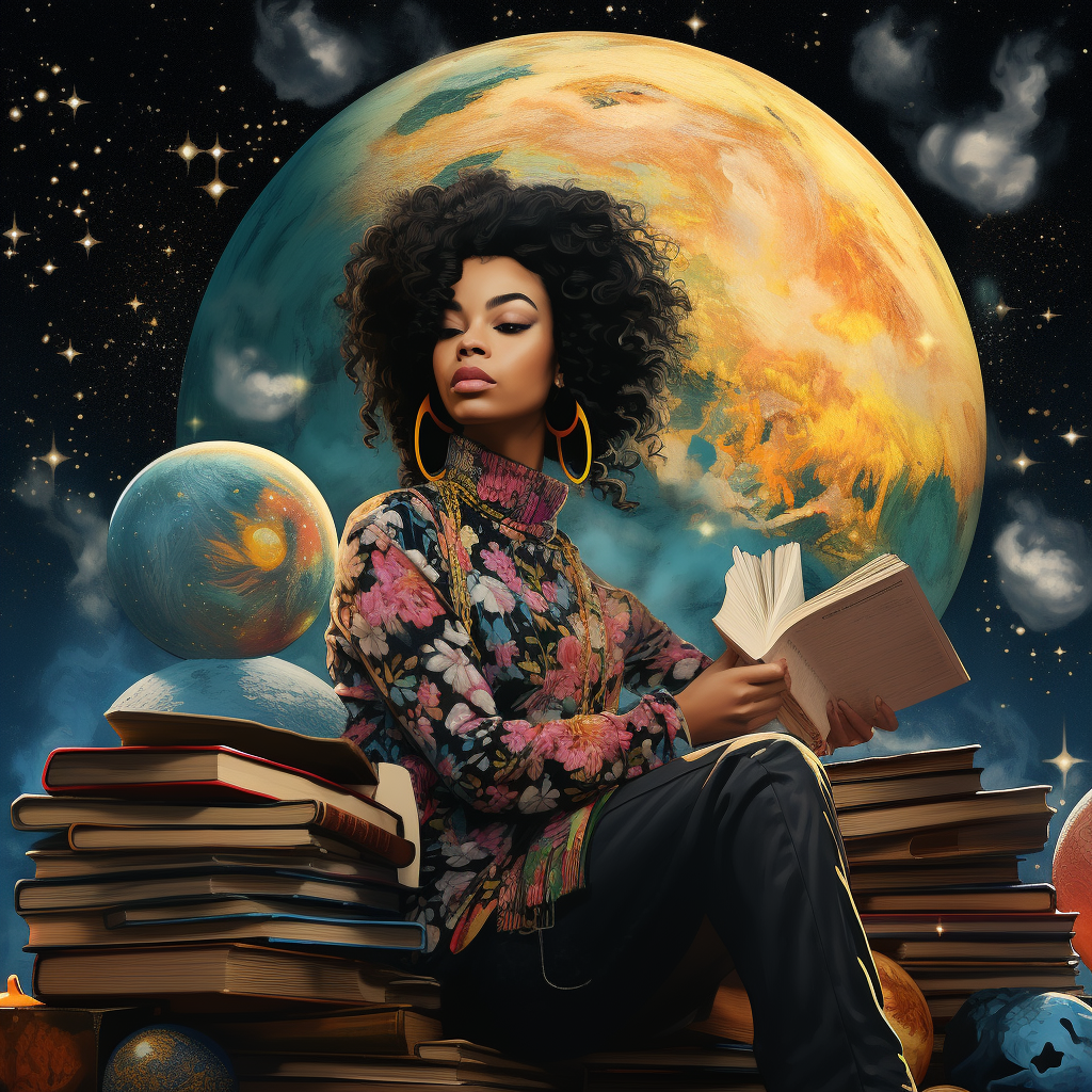 Beautiful black woman surrounded by celestial pop art books