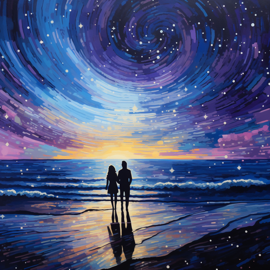 Man and woman on celestial beach with stars and planets