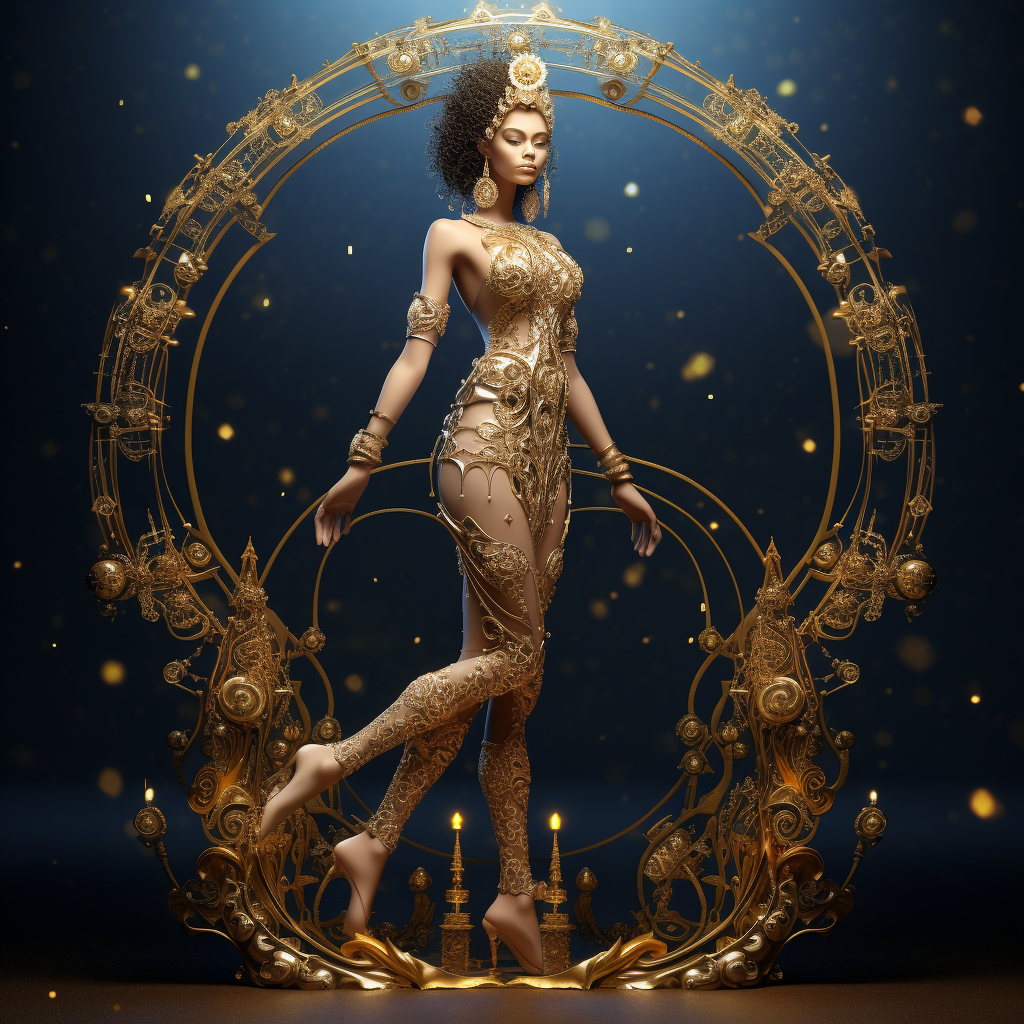 Beautiful astral goddess with gold jewelry