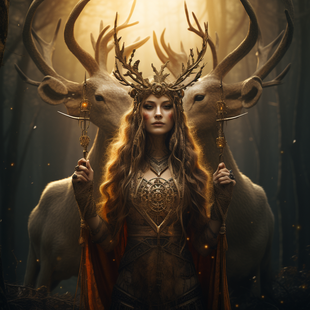 Celtic shamanistic goddess with antlers, bones, and a wolf