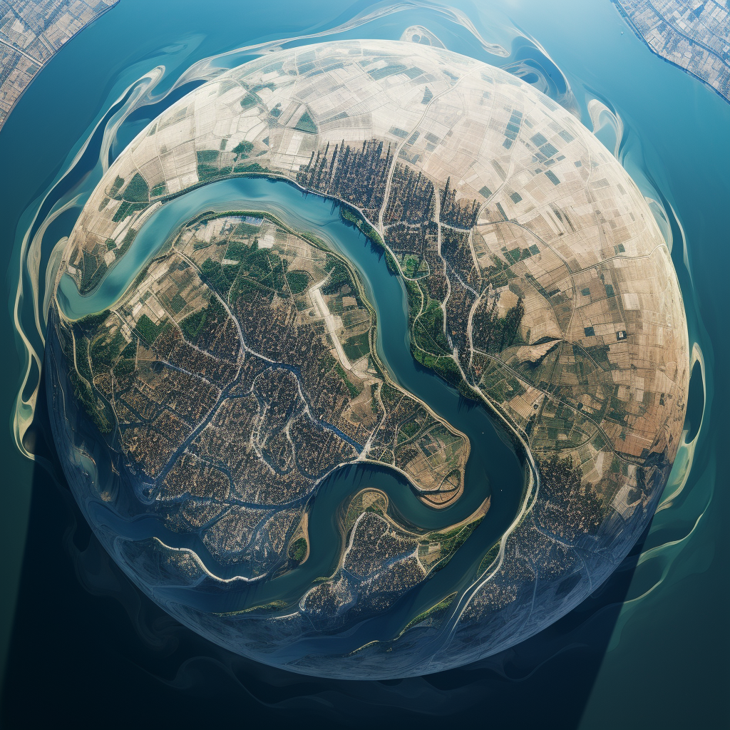 Hyperealistic photo of rivers merging at center bubble