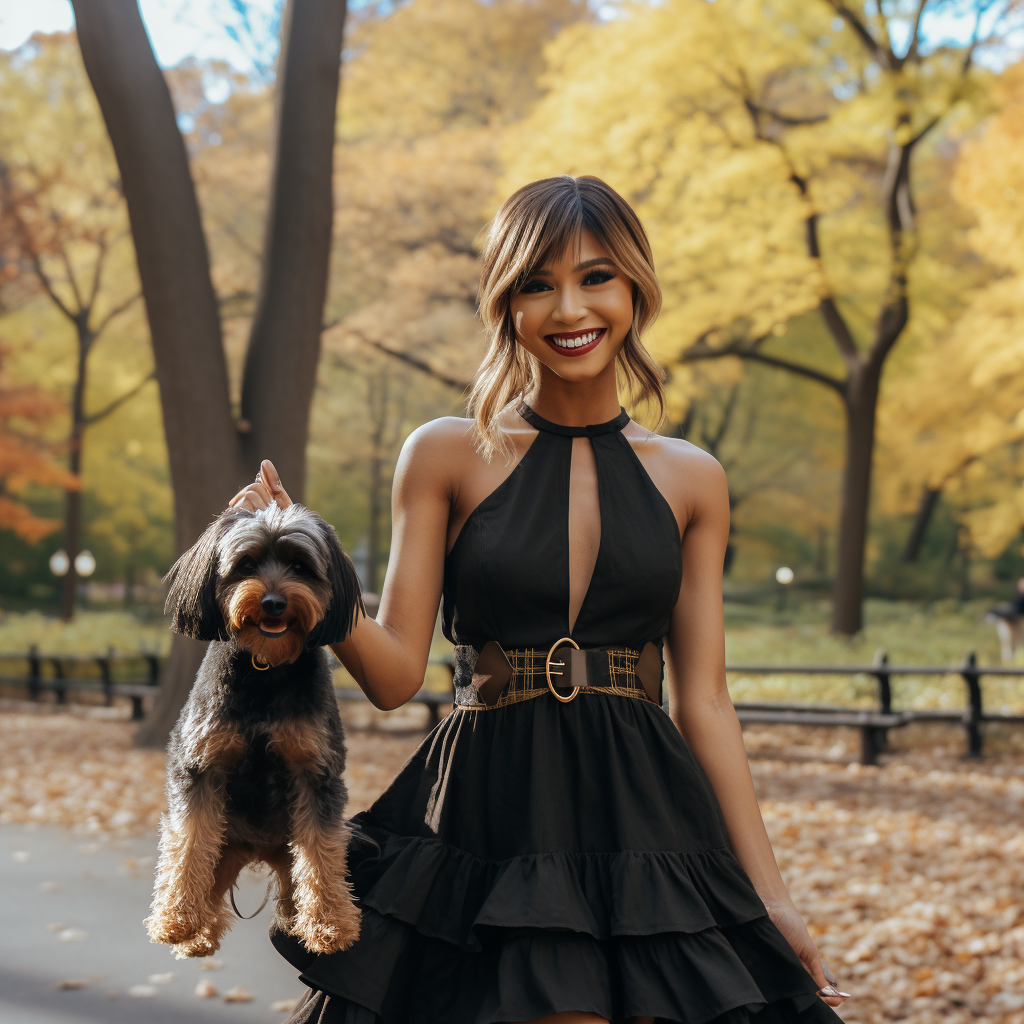 Smiling woman holding leash to Yorkie dog in Central Park