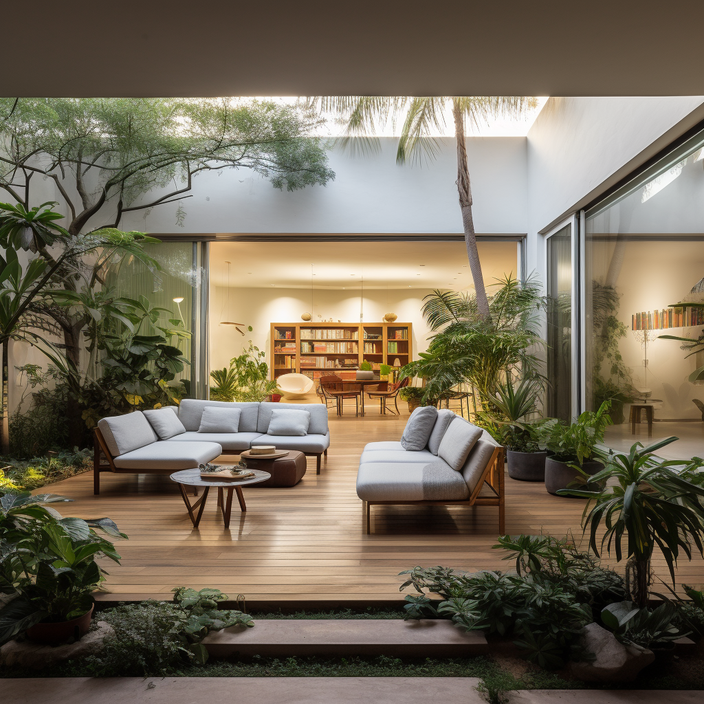 Central patio with natural materials and modern elements