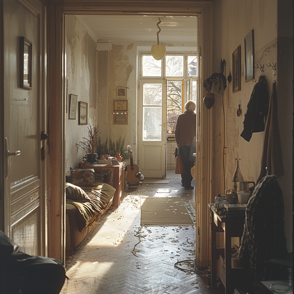 Couple entering apartment in morning sunlight