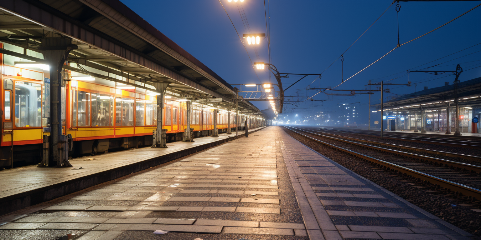 Photorealistic shot of central metal platform with bright lights