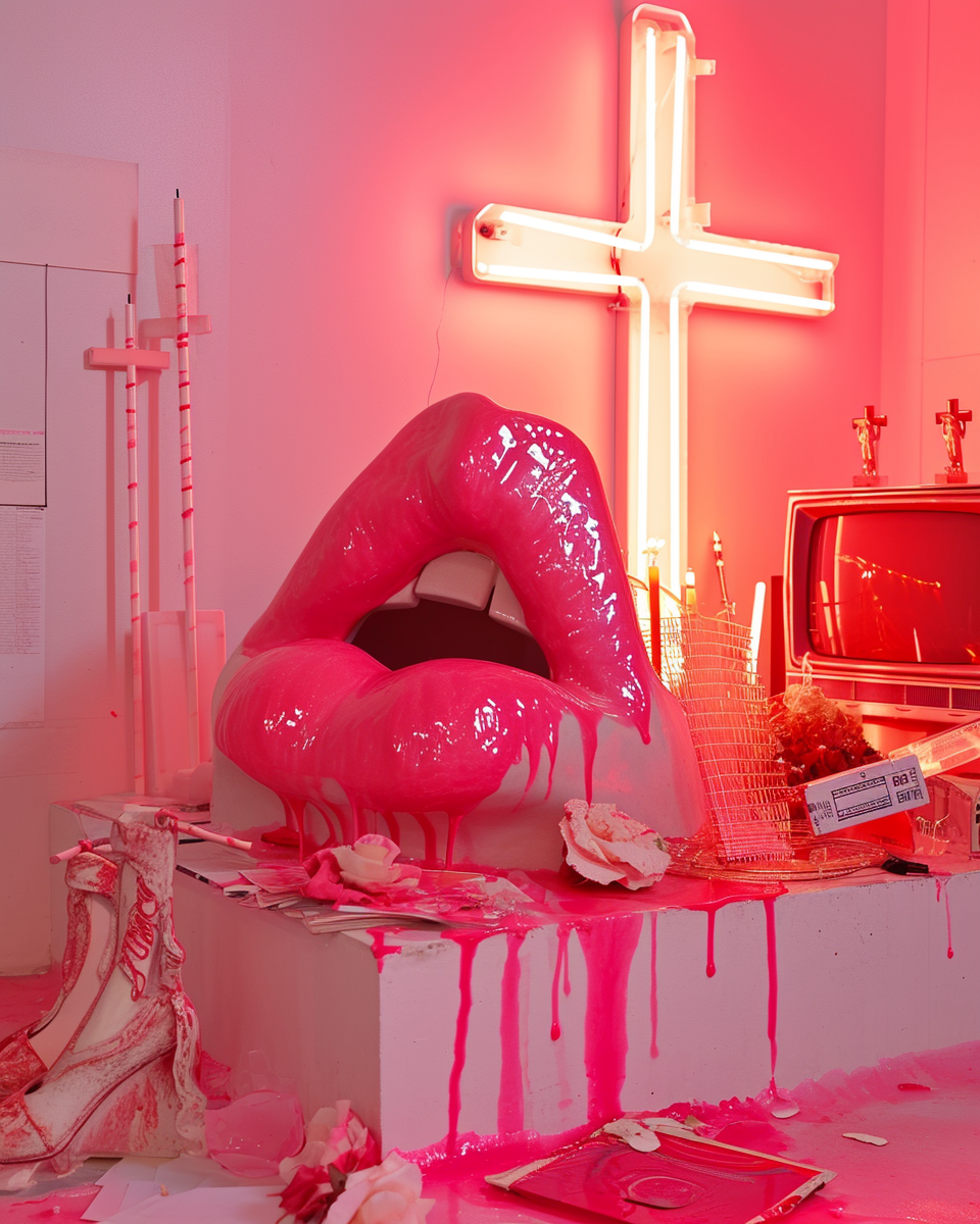 Ceramic Altar Sculpture with Pink Lips and Wax Cross