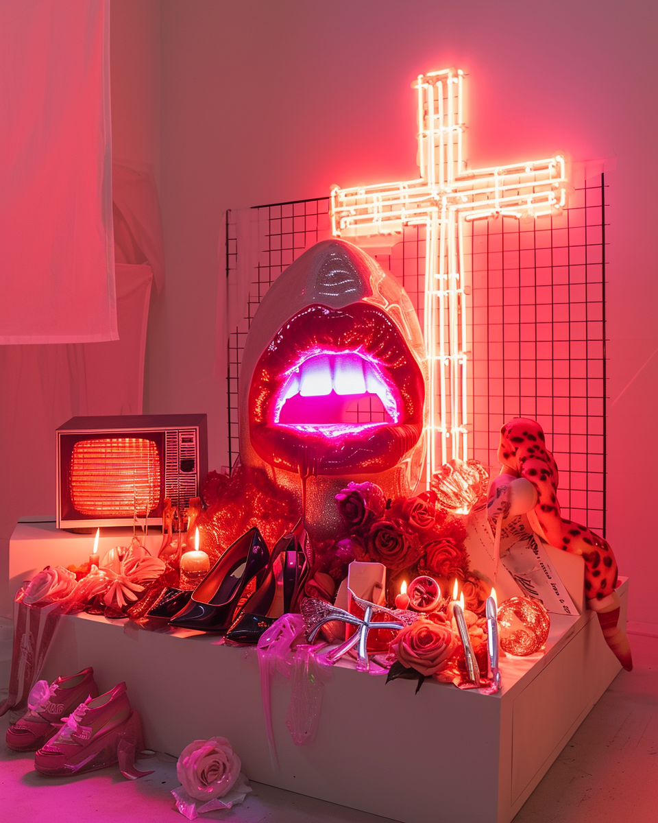 Ceramic Altar Sculpture with Red Lips and Neon Cross