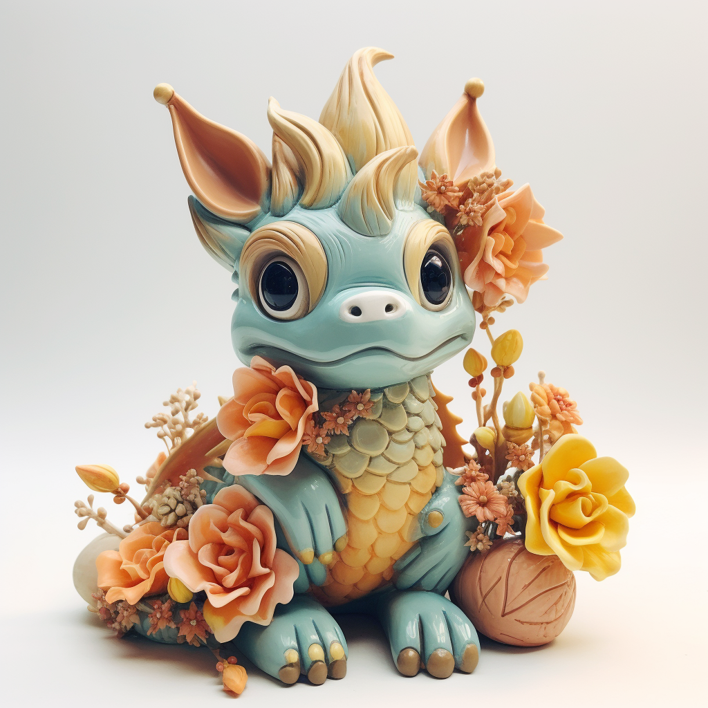 Adorable ceramic dragon with floral and cone embellishments