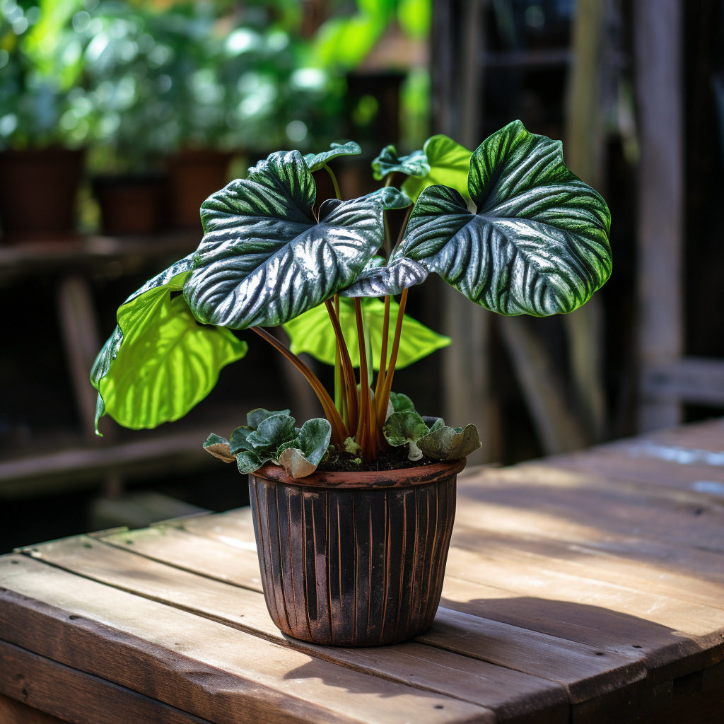 Realistic photo of a ceramic flower pot with Alocasia