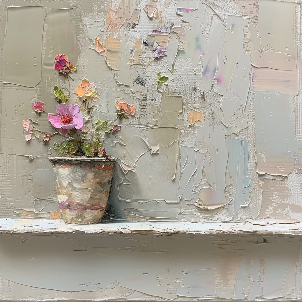 Ceramic pot with flowers on stucco wall ledge