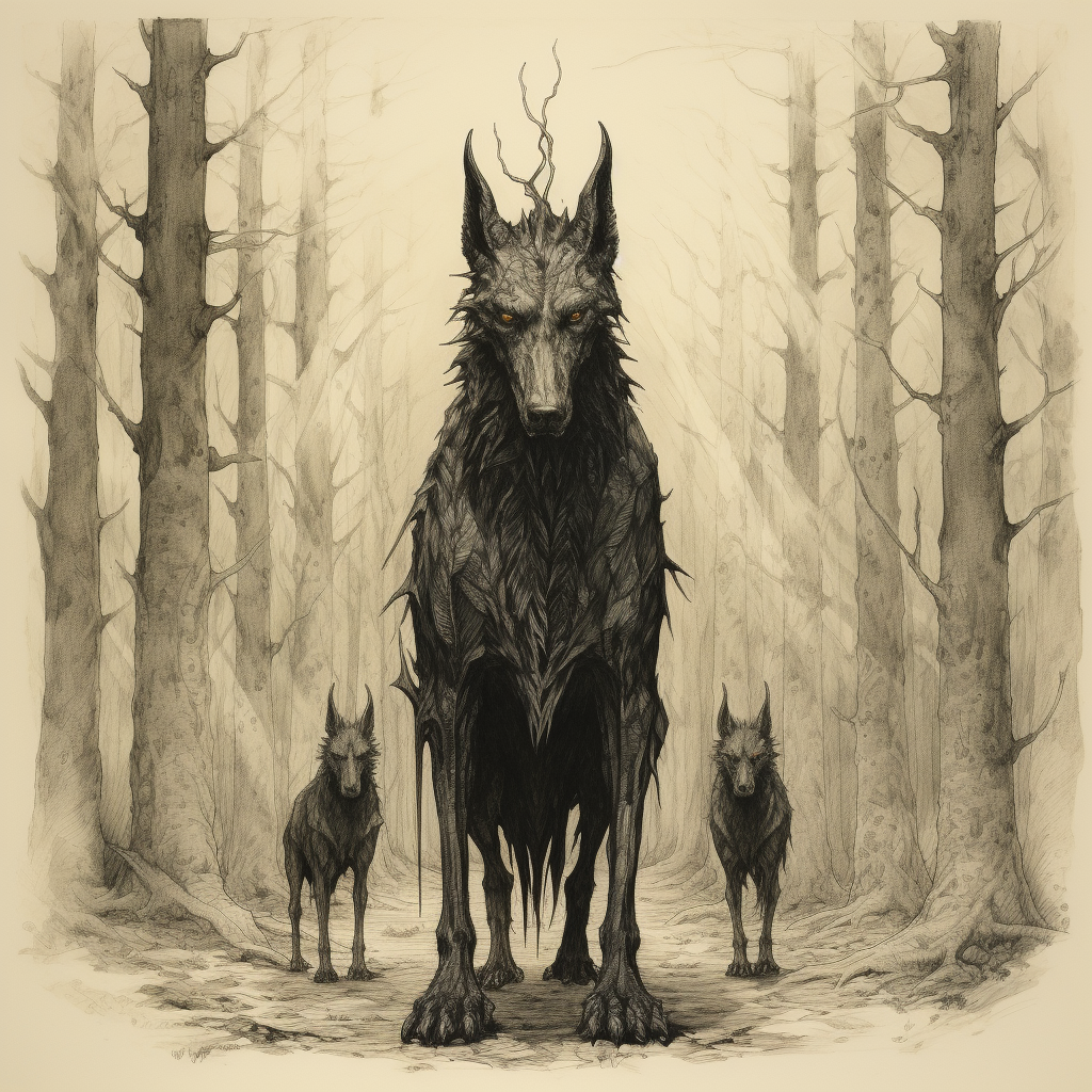 Cerberus standing in forest clearing