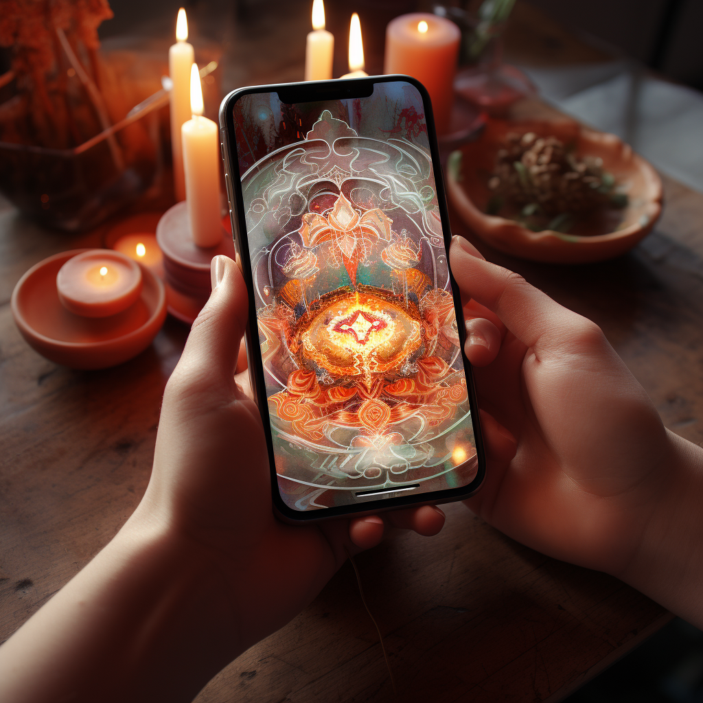 Smartphone capturing ceremony with candles and mandala