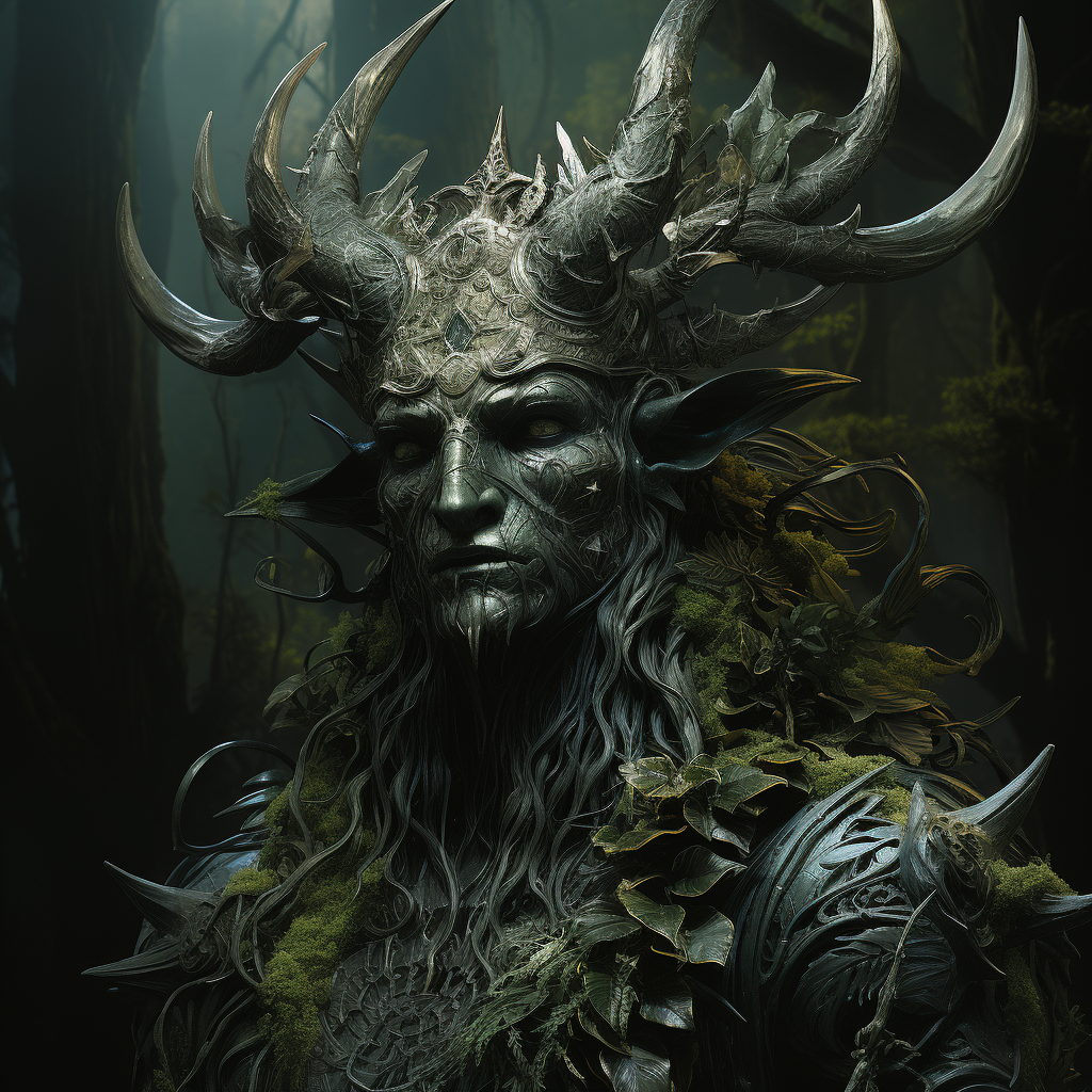 Elaborate horned forest god in twilight clearing