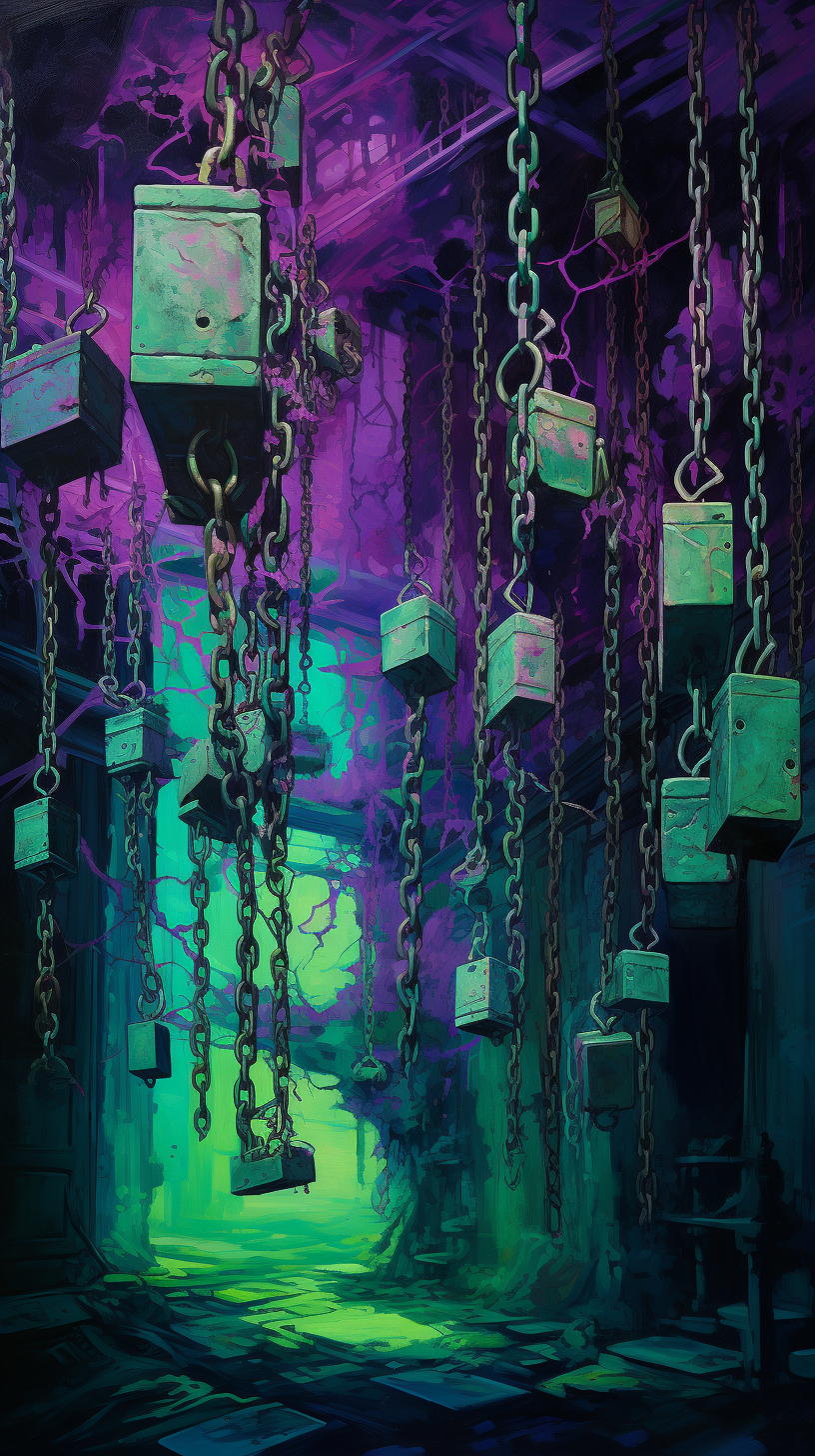 Colorful chained up paintings