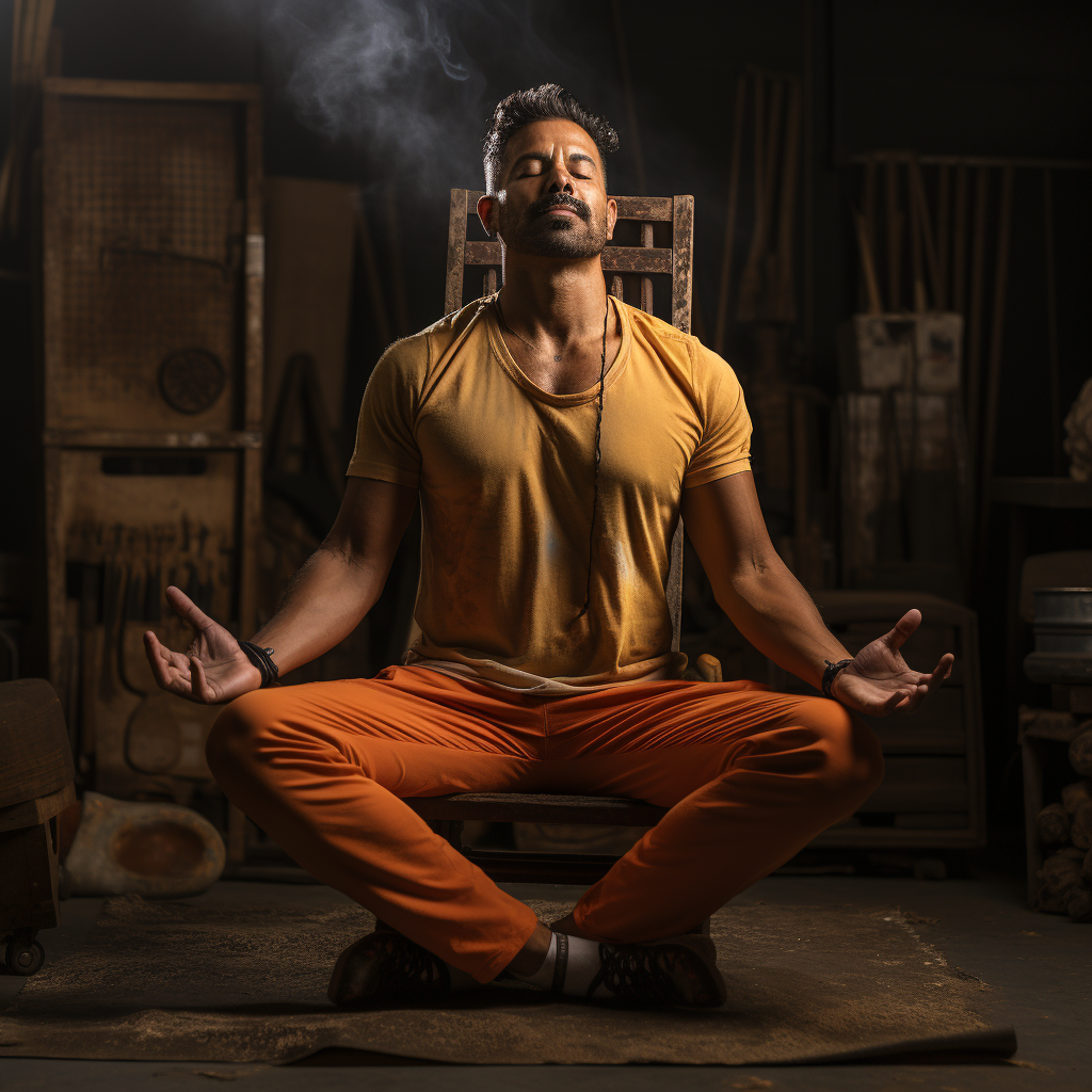 Man performing chair-supported yoga pose