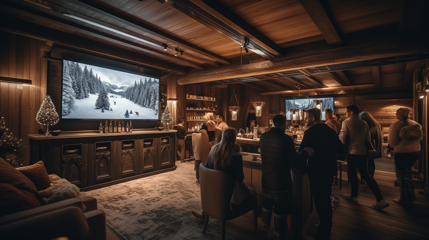 Luxury chalet interior with large screen at party