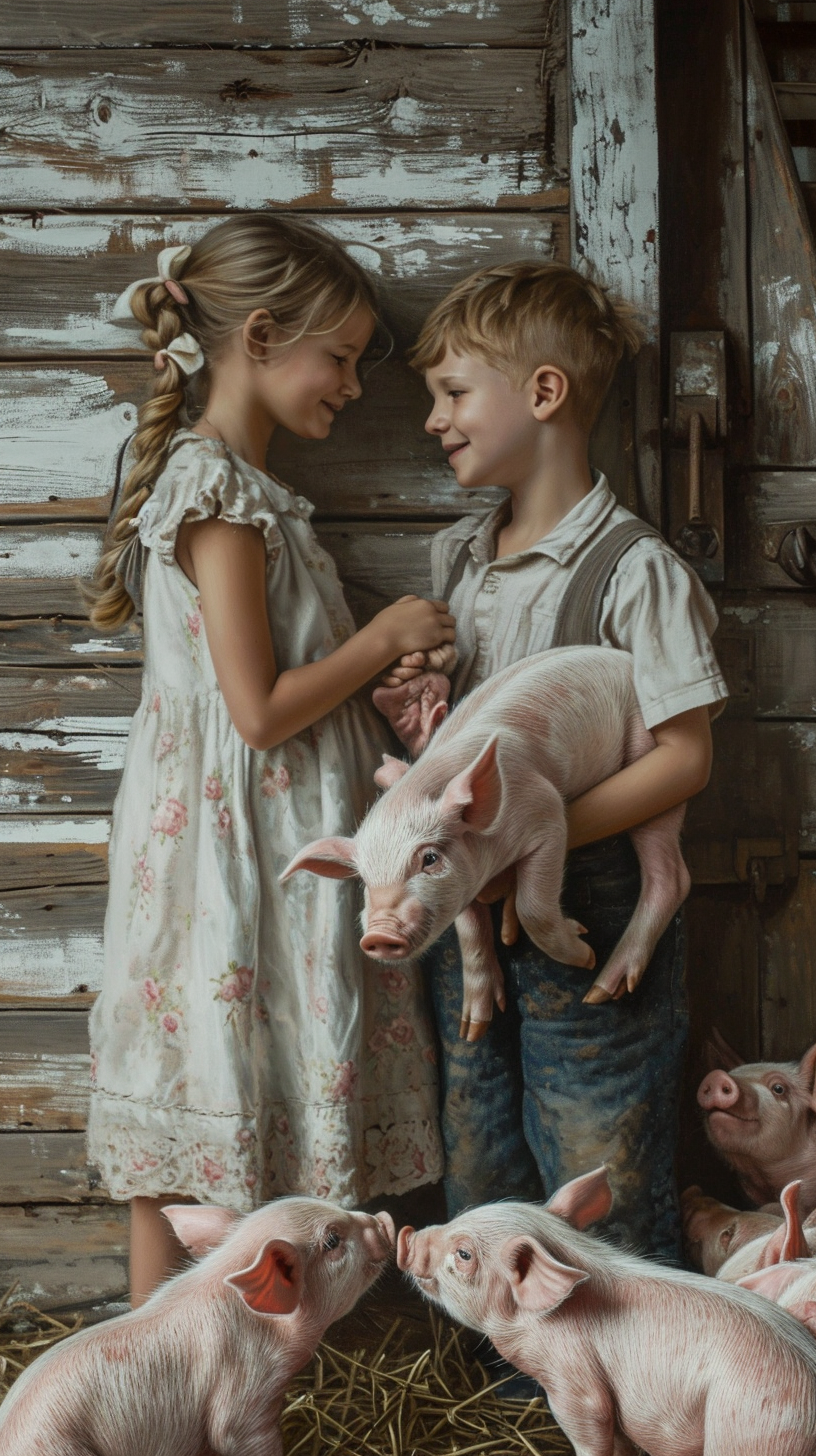 Chalk Drawings in Farm Barn with Girl, Boy, Pigs