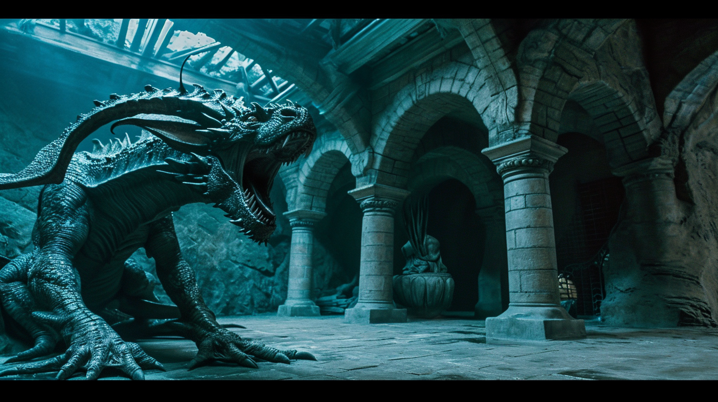 Harry Potter battling a deadly basilisk