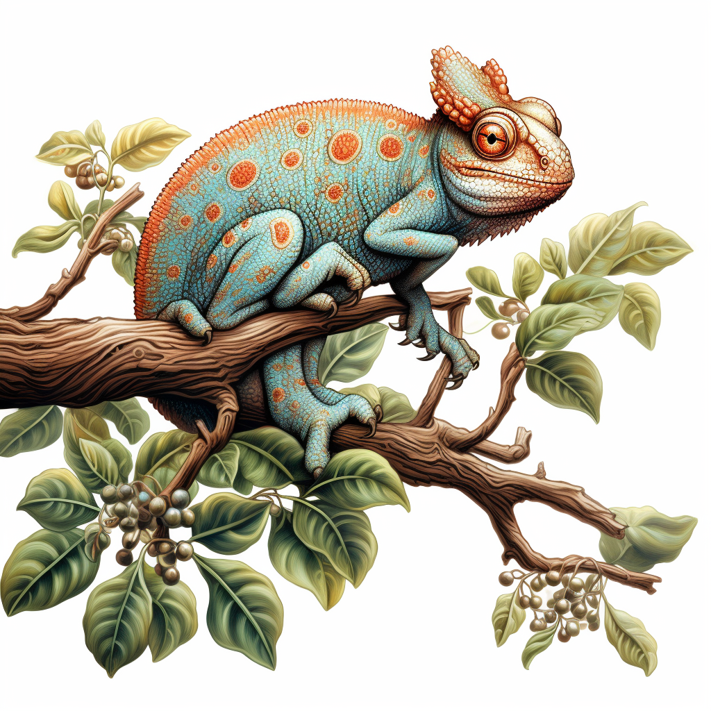 Illustration of a colorful chameleon on a branch