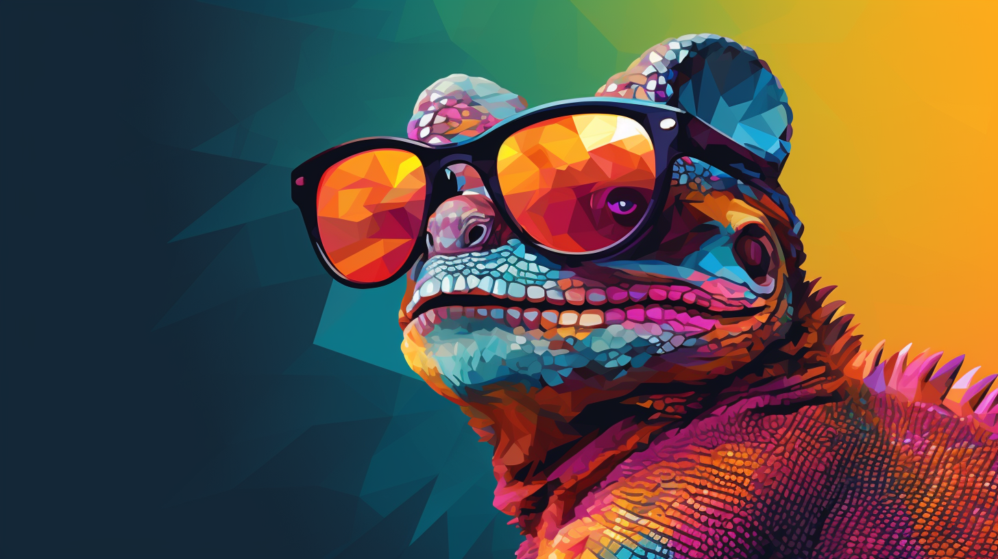 Cool chameleon wearing sunglasses on solid color background