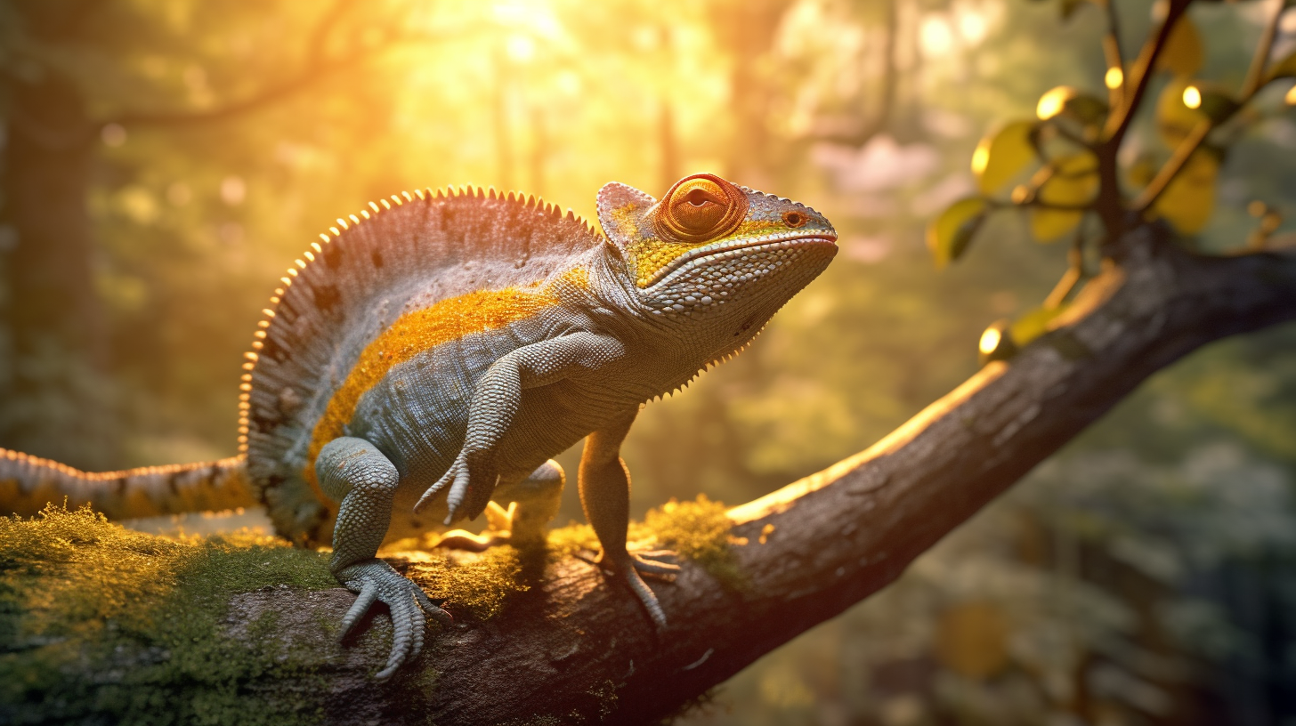 Chameleon catching bee on tree branch