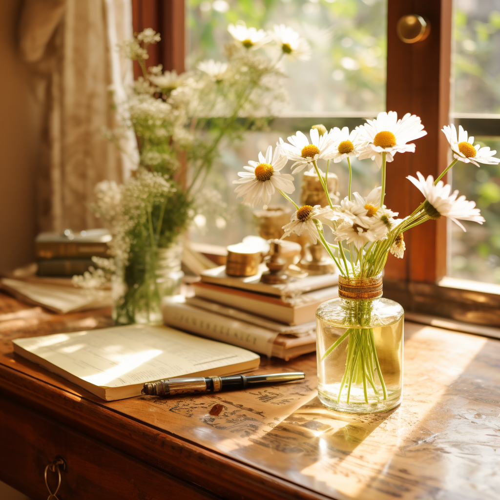 chamomile flower on wooden desk