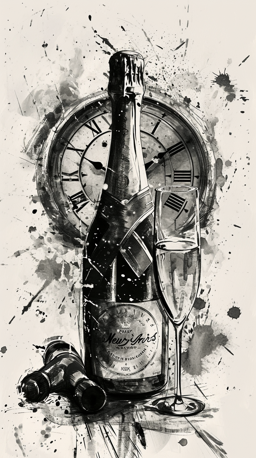 Illustration of champagne bottle and clock for New Year's