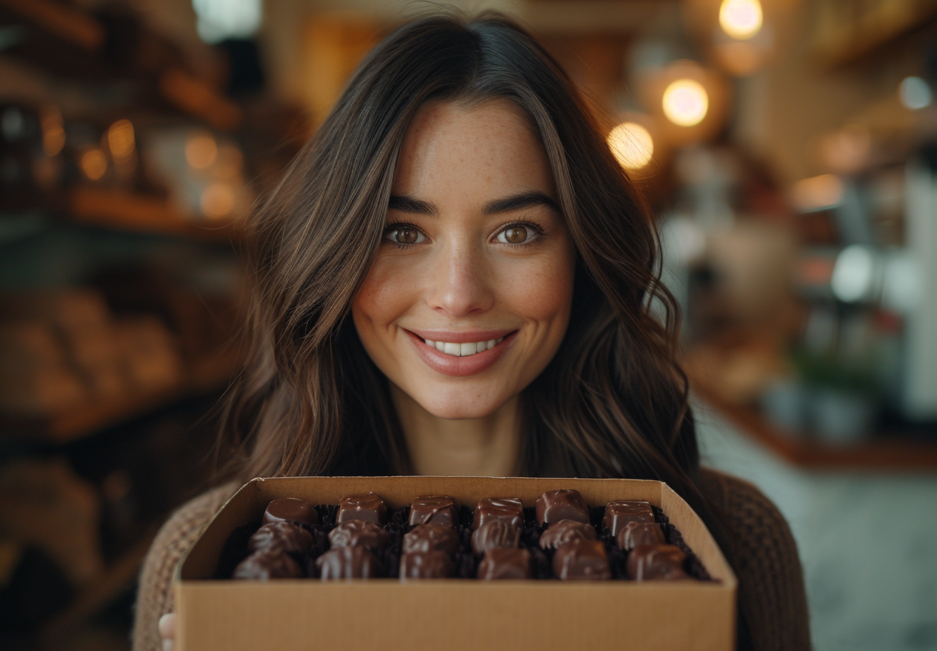 Woman receiving box of chocolate in office