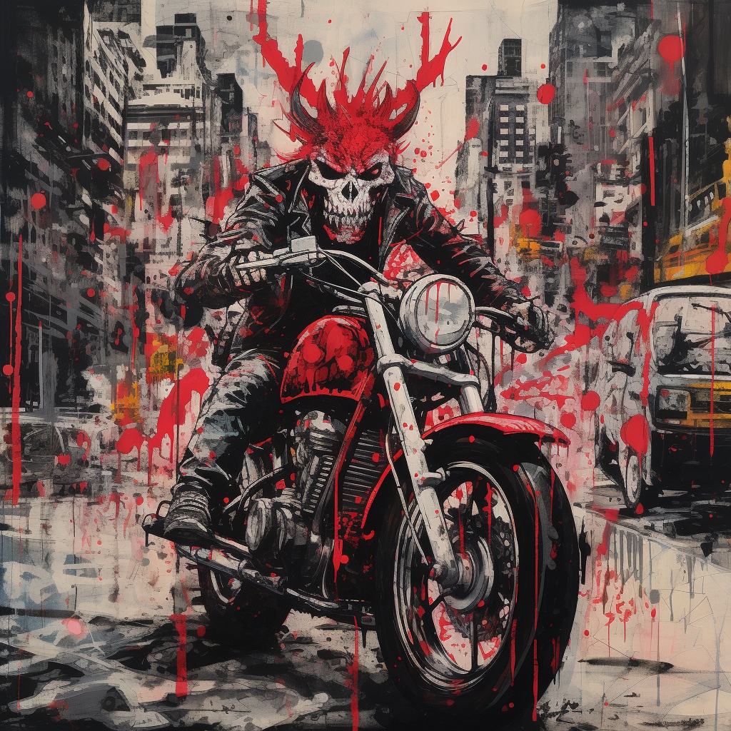 Image of a chaotic punk city with a demon riding a motorcycle